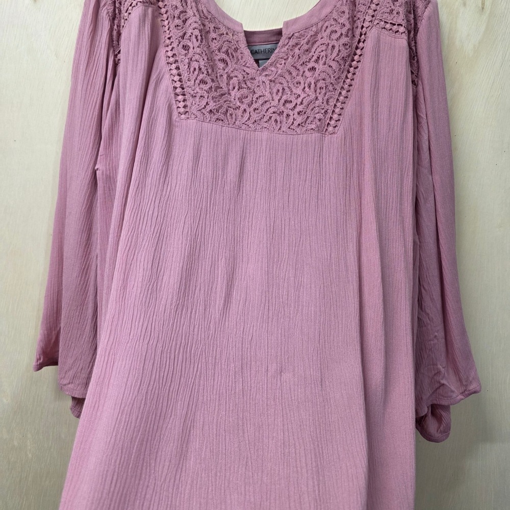 Catherines Womens 5X Dusty Rose Crochet Lace Split Neck Viscose Gauze Blouse - Picture 16 of 16